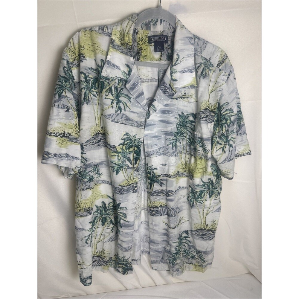 Lands End Men’s Hawaiian Traditional Fit Shirt Large 16-16 1/2”  Green Gray Palm